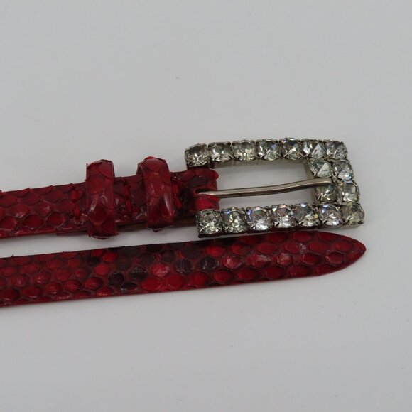 Claudio Orciani Women 80cm Red Genuine Snake Skin Rhinestone Buckle Skinny Belt - Picture 5 of 12
